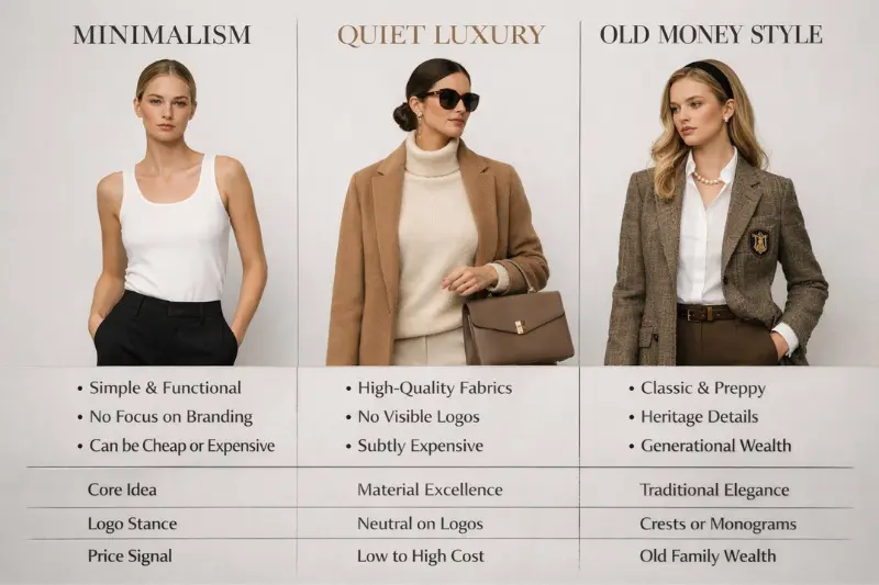 quiet luxury vs minimalism vs old money Style